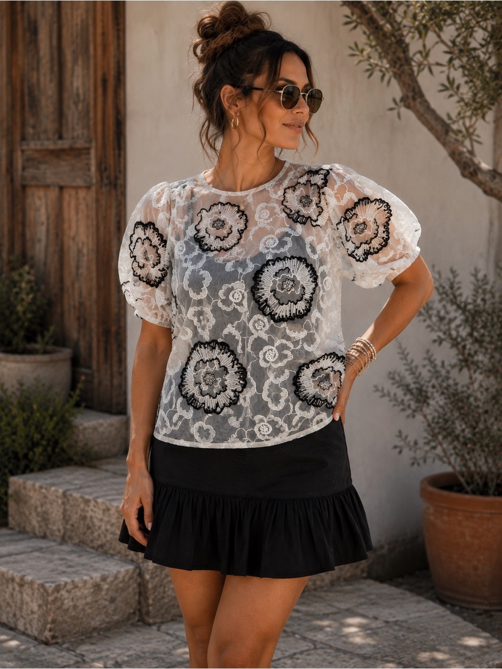 Laundry By Shelli Segal White Sheer Lace Top with Black Floral Appliqué